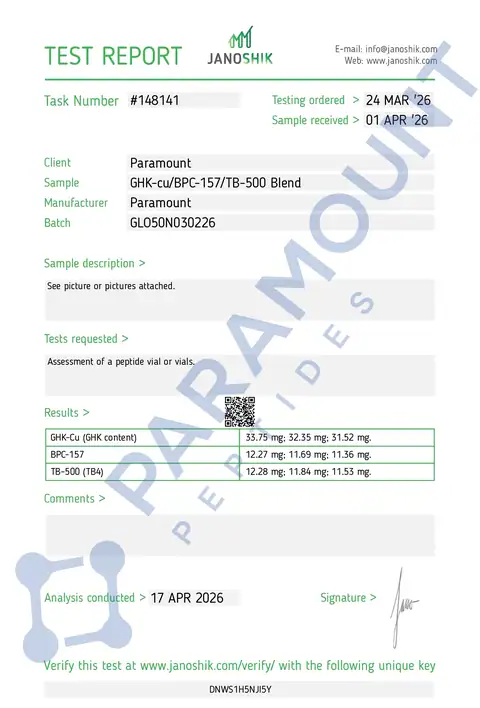 Page 1 of the certificate of analysis for GLOW 50 GHK-CU (30mg) / BPC-157 (10mg) / TB500 (10mg) lot GLO50N030226 (Janoshik)