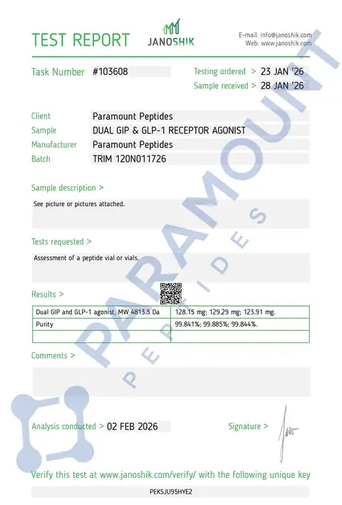 Page 1 of the certificate of analysis for GLP-2 T - 120mg lot TRIM 120N011726 (Janoshik)