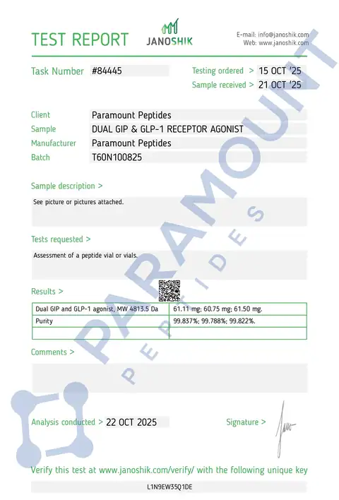 Page 1 of the certificate of analysis for GLP-2 T - 60mg lot T60N100825 (Janoshik)