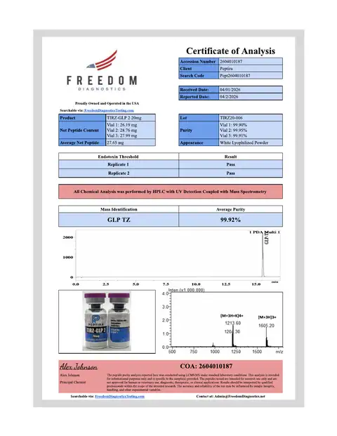 Page 1 of the certificate of analysis for TIRZ-2 Vial 20 mg lot TIRZ20-006 (Freedom Diagnostics)