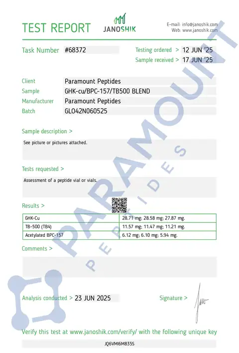 Page 1 of the certificate of analysis for GLOW 42 – GHK-CU (27mg) / BPC-157 (5mg) / TB500 (10mg) lot GLO42N060525 (Janoshik)