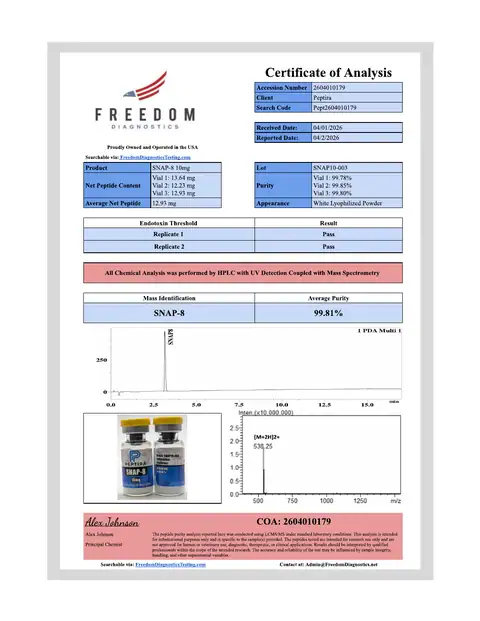 Page 1 of the certificate of analysis for Snap-8 Vial 10 mg lot SNAP10-003 (Freedom Diagnostics)